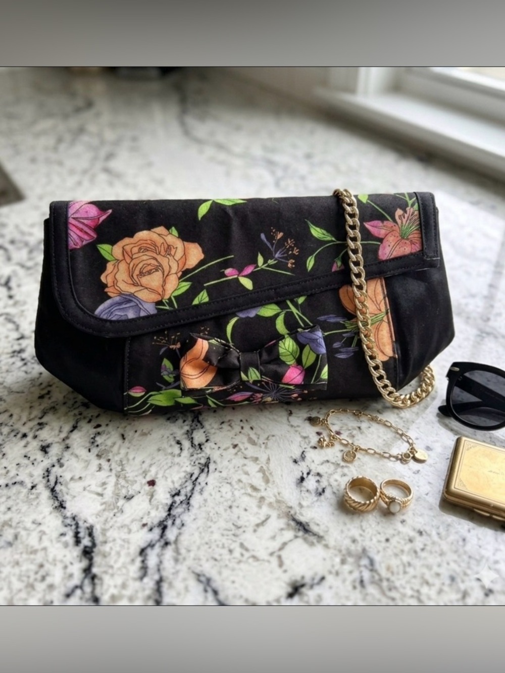 Vintage J.Renee Black Floral Bow Clutch with Gold Chain